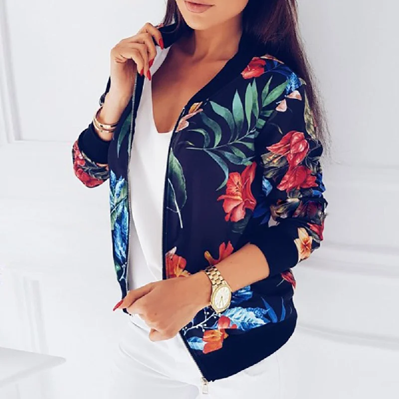 Women's Comfortable Lounge Outfit New Ladies Ribbed Trim Flower Print Bomber Jacket Women Autumn Printing Long Sleeve Casual Tops Zipper Jacket Outwear Loose Tops Women's Comfortable Lounge Outfit New Ladies Ribbed Trim Flower Print Bomber Jacket Women Autumn Printing Long Sleeve Casual Tops Zipper Jacket Outwear Loose Tops