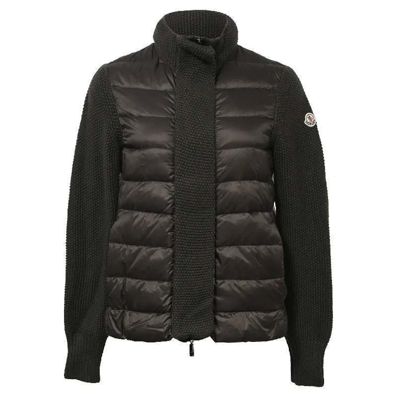 Timeless Women's Apparel Moncler Contrasted Knit and Quilt Down Jacket in Green Nylon and Wool