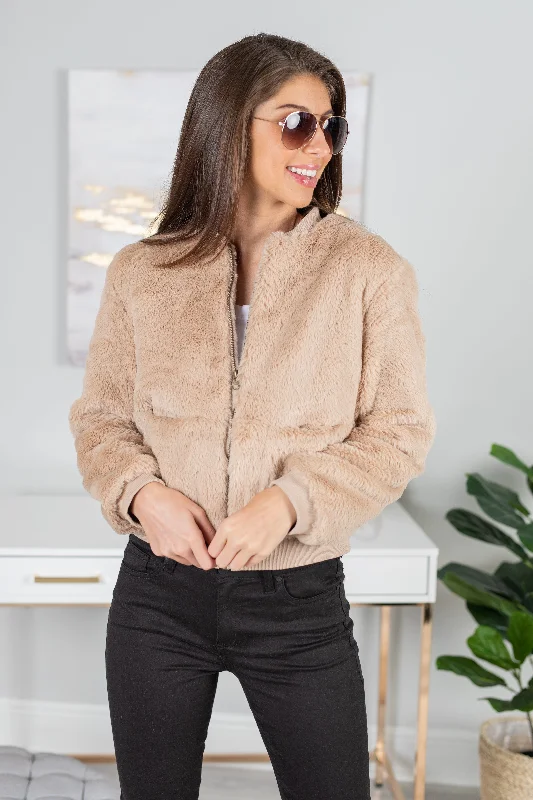 Stylish Fashion Clearance – Last Chance To Save On Tempo Taupe Brown Faux Fur Bomber Jacket