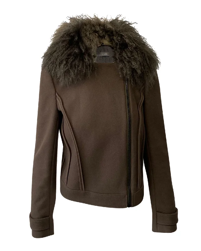 Women's High-Fashion Apparel Joseph Khaki Jacket with Fur Collar