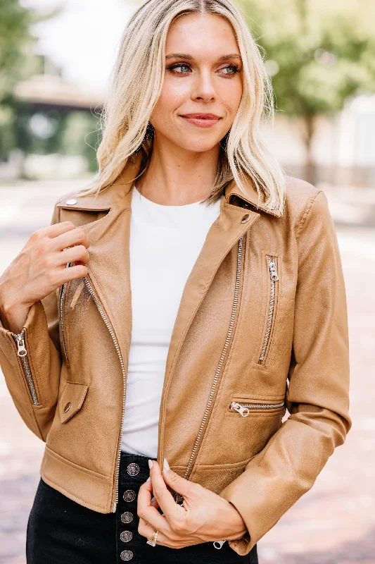 Classic Clothes For Women Middle Of Nowhere Camel Brown Vegan Leather Jacket