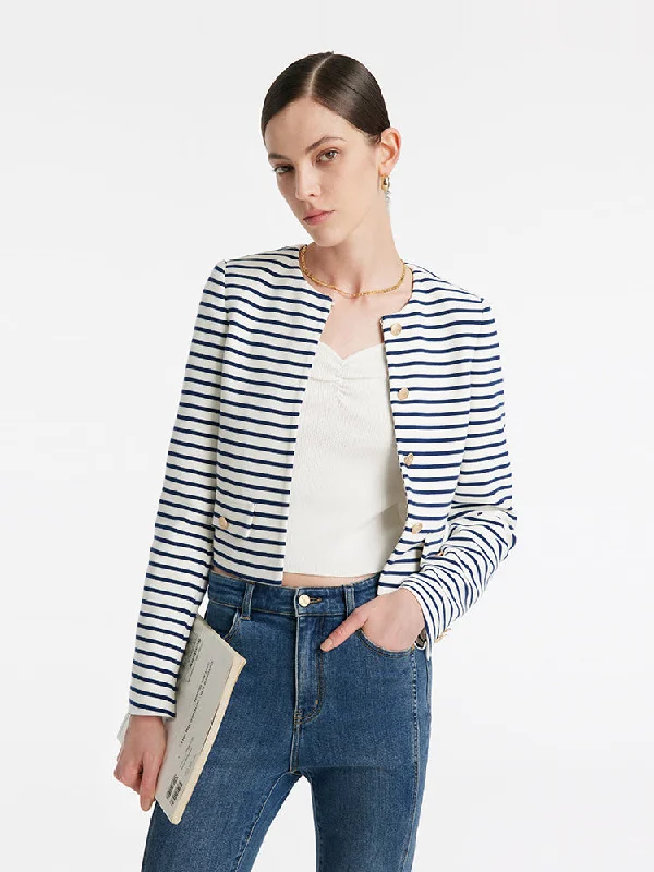 Dress In Style With Our Special Clothing Promotions Cotton Striped Single-Breasted Women Crop Jacket