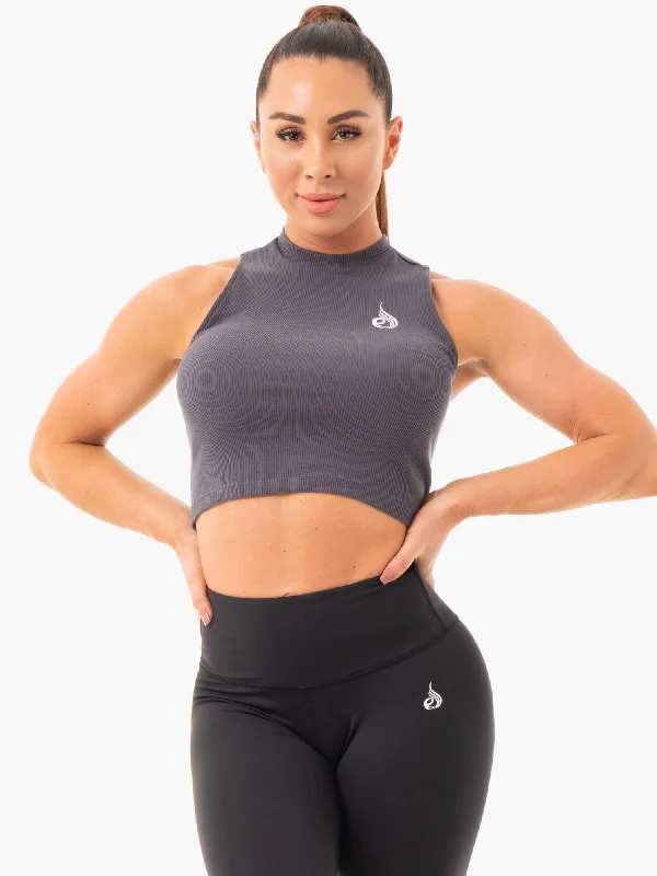 Women's Holiday Attire Ride The Style Wave Ribbed Crop Tank - Charcoal