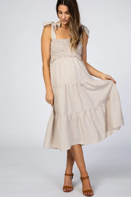 Women's High-Fashion Outfit Daring Fashion Promotions Beige Bow Strap Tiered Maternity Midi Dress Women's High-Fashion Outfit Daring Fashion Promotions Beige Bow Strap Tiered Maternity Midi Dress