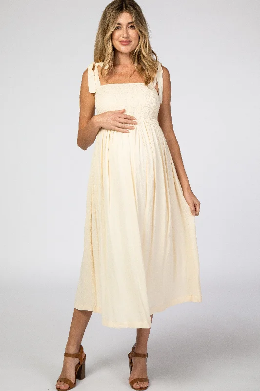 Women's Occasion Wear Clothes Dive Into Trendy Styles Beige Smocked Tie Strap Maternity Midi Dress Women's Occasion Wear Clothes Dive Into Trendy Styles Beige Smocked Tie Strap Maternity Midi Dress