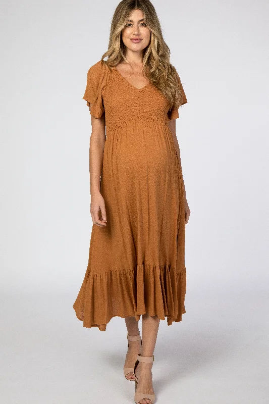 Chic Women's Attire Classic Chic Deals Camel Smocked V-Neck Maternity Midi Dress