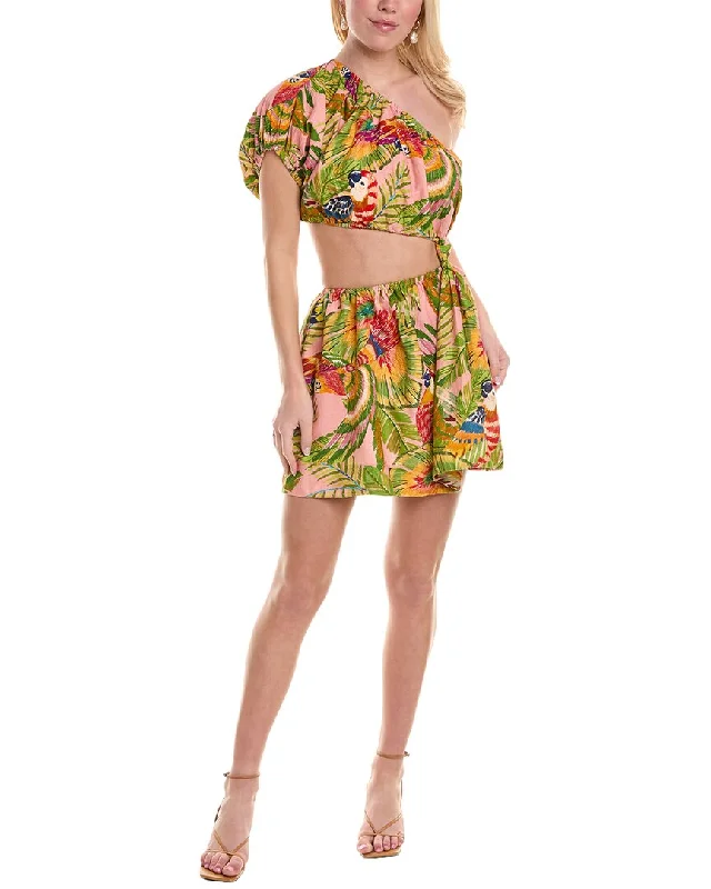 Vintage-Inspired Women's Clothes Holiday Glam FARM Rio Macaw Leaves Cutout Waist Linen-Blend Mini Dress Vintage-Inspired Women's Clothes Holiday Glam FARM Rio Macaw Leaves Cutout Waist Linen-Blend Mini Dress
