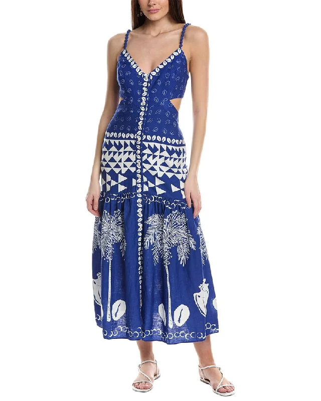 Plus-Size Women's Clothing Limited-Time Offer FARM Rio Mixed Ondina Blue Linen-Blend Midi Dress Plus-Size Women's Clothing Limited-Time Offer FARM Rio Mixed Ondina Blue Linen-Blend Midi Dress