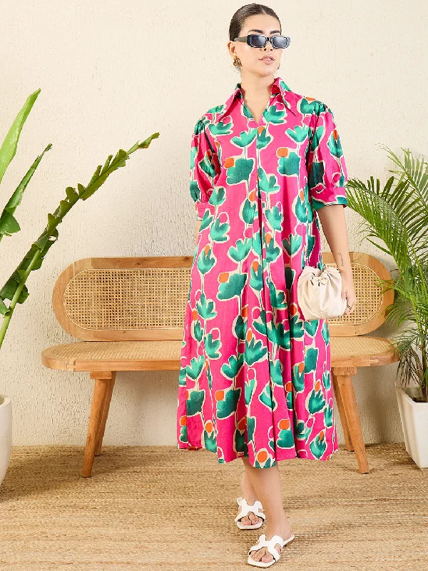 Women's Vintage Attire Shop Sale Items Front Pleated Floral Midi Dress