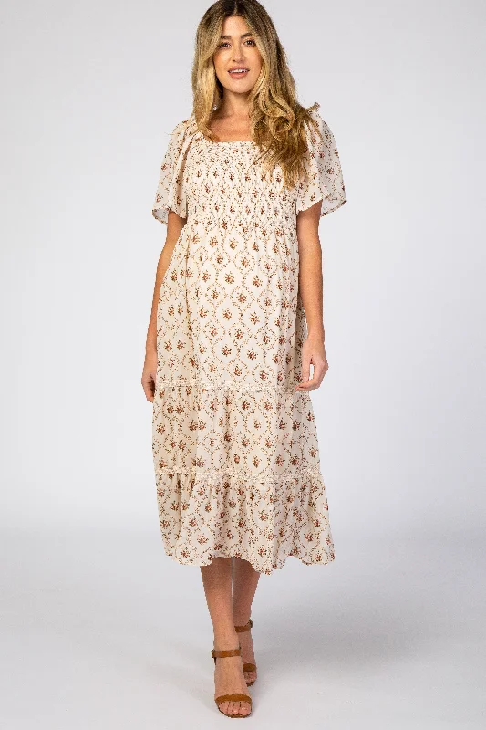 Women's Chic Outfit Everyday Elegance Sale Ivory Floral Chiffon Smocked Front Lace Trim Maternity Midi Dress Women's Chic Outfit Everyday Elegance Sale Ivory Floral Chiffon Smocked Front Lace Trim Maternity Midi Dress