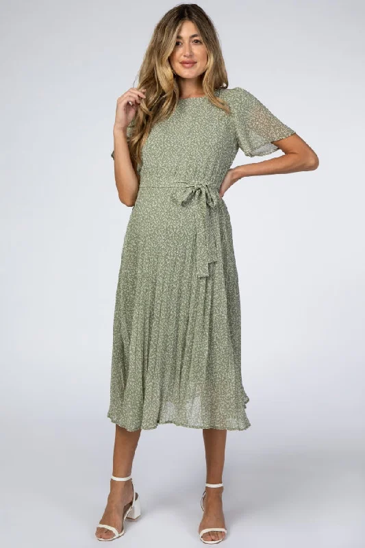 Women's Luxury Garments Daring Fashion Promotions Light Olive Leaf Print Pleated Maternity Midi Dress Women's Luxury Garments Daring Fashion Promotions Light Olive Leaf Print Pleated Maternity Midi Dress