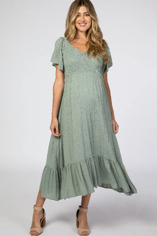 Women's Vacation Garments Budget Friendly Light Olive Smocked V-Neck Maternity Midi Dress Women's Vacation Garments Budget Friendly Light Olive Smocked V-Neck Maternity Midi Dress