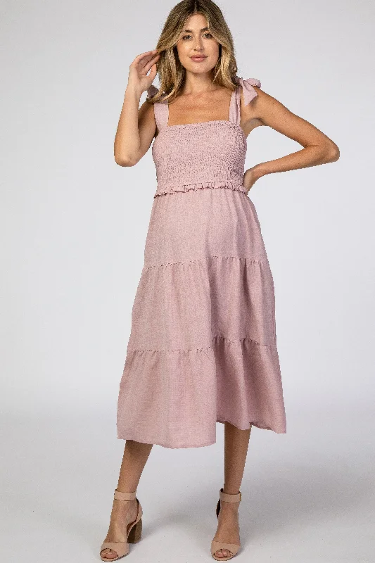 Charming Women's Outfit For Special Occasions Vintage-Inspired Style Offers Mauve Bow Strap Tiered Maternity Midi Dress Charming Women's Outfit For Special Occasions Vintage-Inspired Style Offers Mauve Bow Strap Tiered Maternity Midi Dress