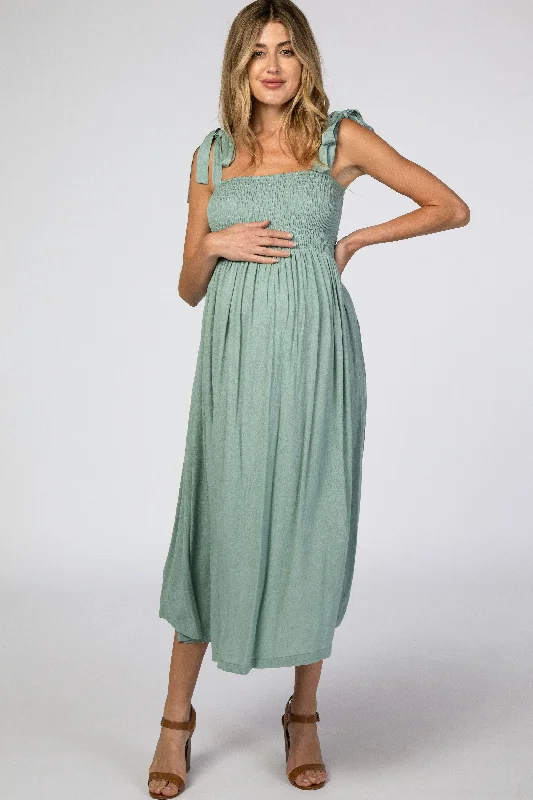 Women's Casual Clothing For Lounging Clearance Event Mint Green Smocked Tie Strap Maternity Midi Dress Women's Casual Clothing For Lounging Clearance Event Mint Green Smocked Tie Strap Maternity Midi Dress