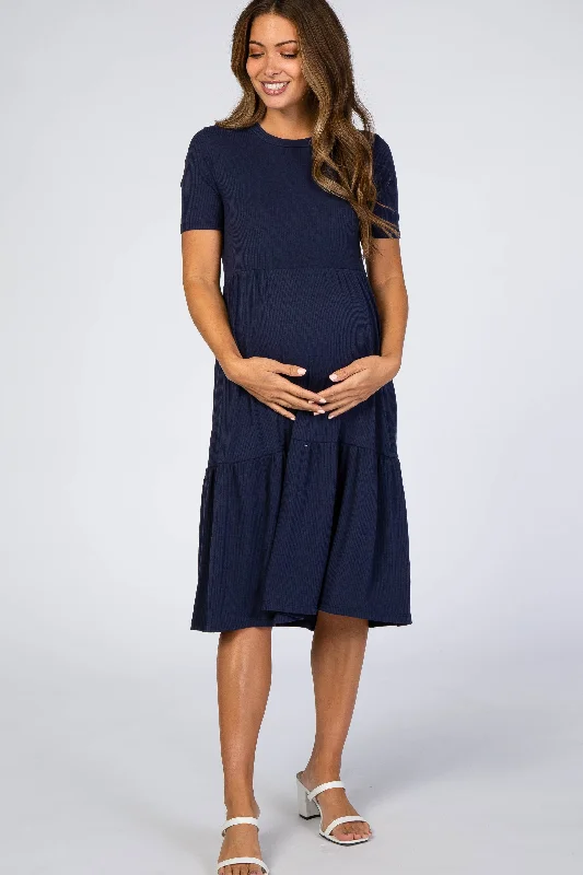 Timeless Women's Apparel Break Fashion Norms Navy Blue Ribbed Tiered Maternity Dress Timeless Women's Apparel Break Fashion Norms Navy Blue Ribbed Tiered Maternity Dress