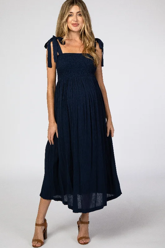 Women's High-Fashion Clothes Insane Discount Onslaught Navy Blue Smocked Tie Strap Maternity Midi Dress Women's High-Fashion Clothes Insane Discount Onslaught Navy Blue Smocked Tie Strap Maternity Midi Dress