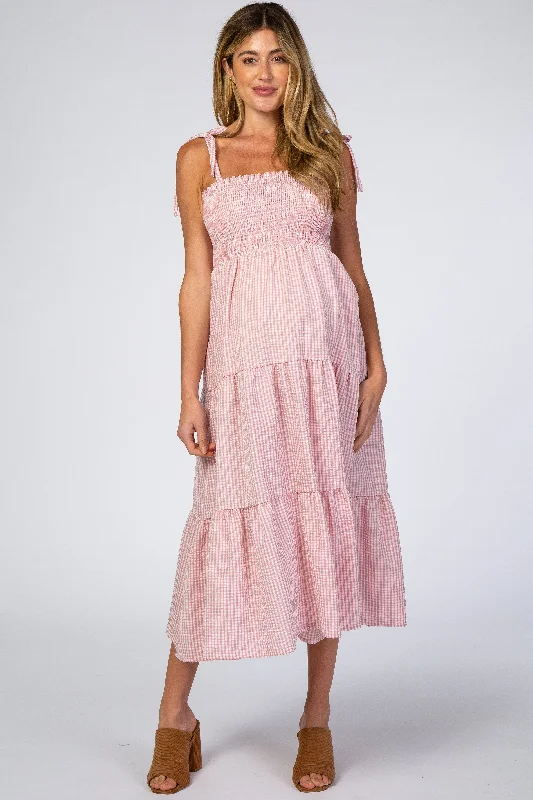 Women's Chic Apparel Flash Sale Now Pink Checkered Tiered Maternity Midi Dress