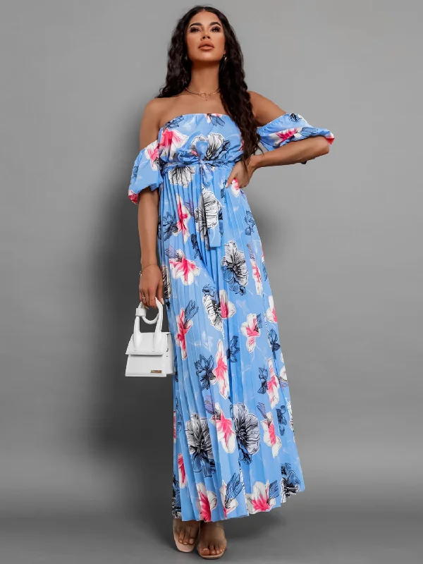 Women's Formal Clothes Trendy Pulse Pleated Floral Off-Shoulder Short Sleeve Midi Dress Women's Formal Clothes Trendy Pulse Pleated Floral Off-Shoulder Short Sleeve Midi Dress