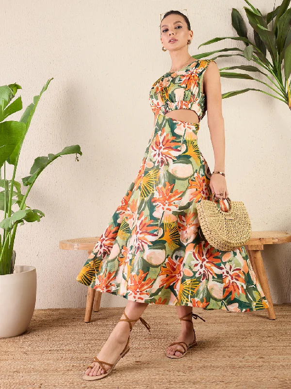 Women's Trendy Attire Exclusive Designer Style Deals Printed Cotton Poplin Side Cut-Out Midi Dress Women's Trendy Attire Exclusive Designer Style Deals Printed Cotton Poplin Side Cut-Out Midi Dress