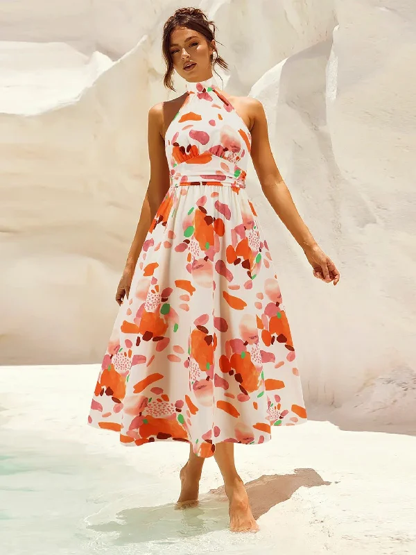 Formal Garments For Women Popular Collection Ruched Printed Halter Neck Sleeveless Dress Formal Garments For Women Popular Collection Ruched Printed Halter Neck Sleeveless Dress