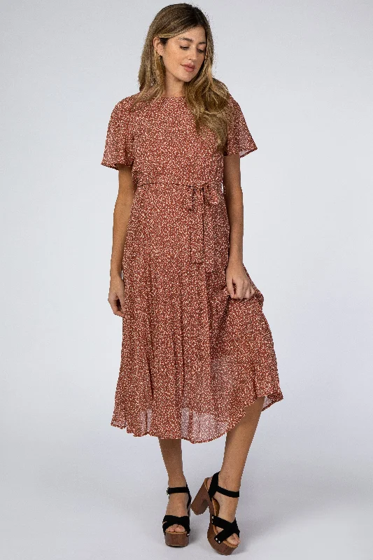 Women's Stylish Professional Garments New In This Season Rust Leaf Print Pleated Maternity Midi Dress Women's Stylish Professional Garments New In This Season Rust Leaf Print Pleated Maternity Midi Dress