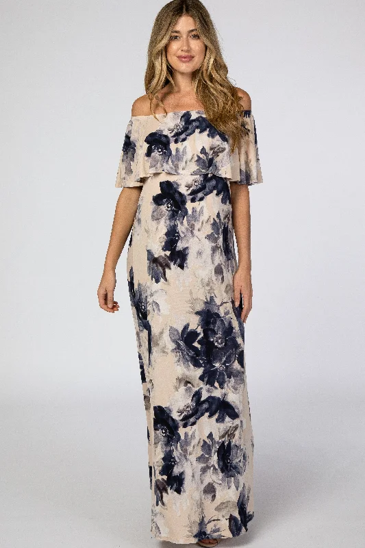 Women's Stylish Professional Garments Flash Sales Taupe Navy Floral Off Shoulder Maternity Maxi Dress Women's Stylish Professional Garments Flash Sales Taupe Navy Floral Off Shoulder Maternity Maxi Dress