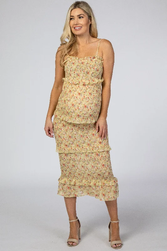Women's Versatile Apparel New Arrivals Yellow Floral Chiffon Smocked Fitted Maternity Midi Dress Women's Versatile Apparel New Arrivals Yellow Floral Chiffon Smocked Fitted Maternity Midi Dress