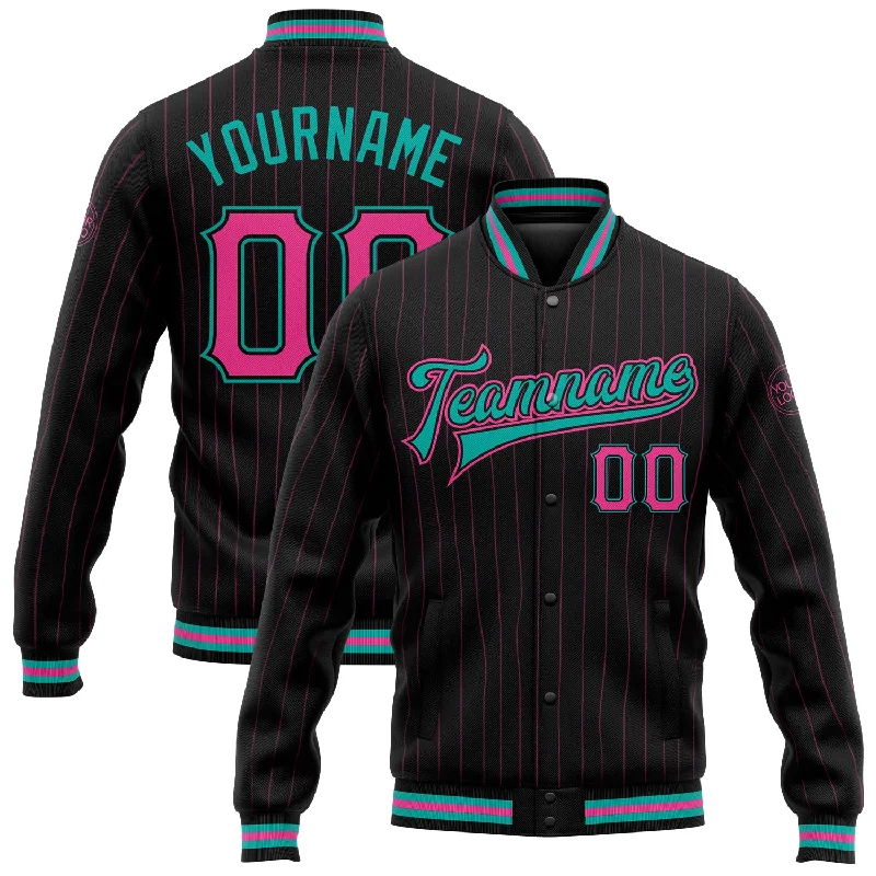 Soft And Breathable Unisex Loungewear Browse Our Top Products Custom Black Pink Pinstripe Aqua Bomber Full-Snap Varsity Letterman Jacket