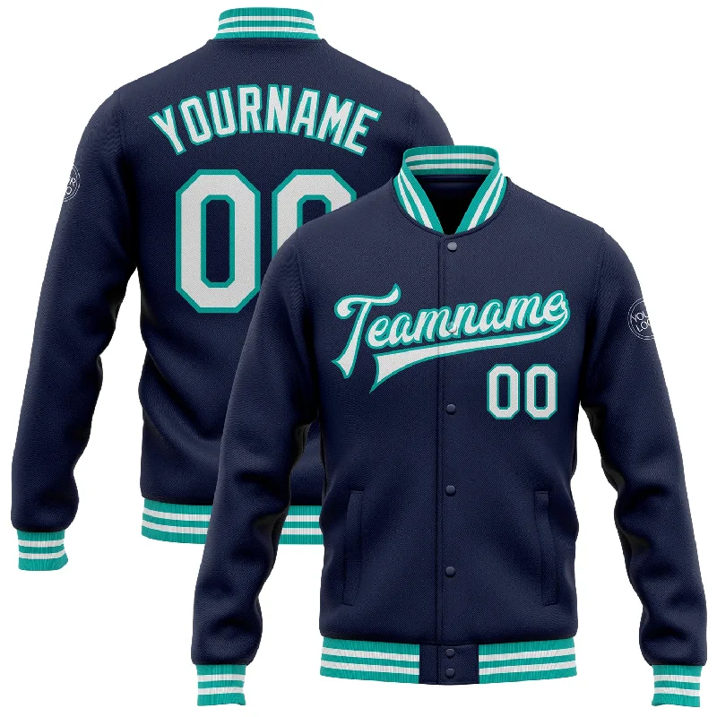 High-Quality Unisex Basics For All Occasions Flirty Fashion Discounts Custom Navy White-Aqua Bomber Full-Snap Varsity Letterman Jacket