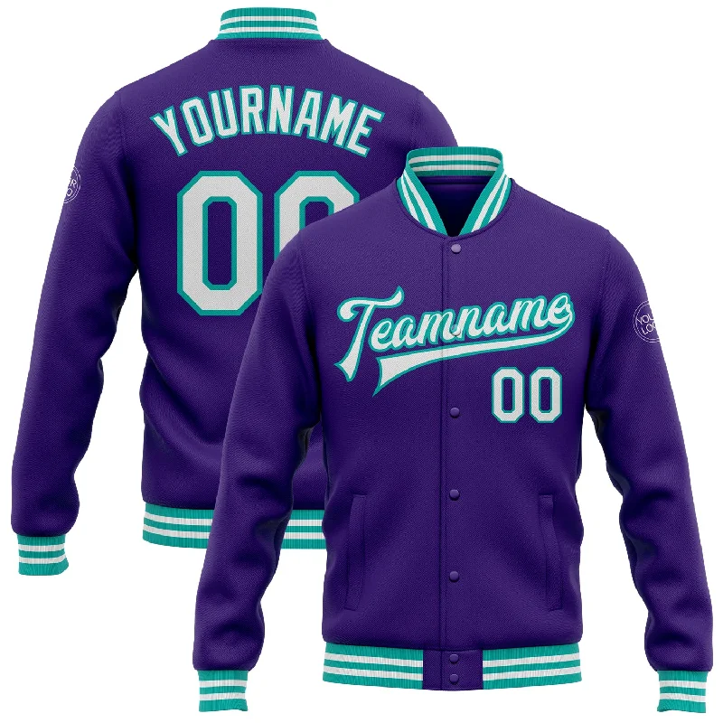 Casual And Trendy Unisex Fashion Staples Timeless Elegance Redefined Custom Purple White-Aqua Bomber Full-Snap Varsity Letterman Jacket