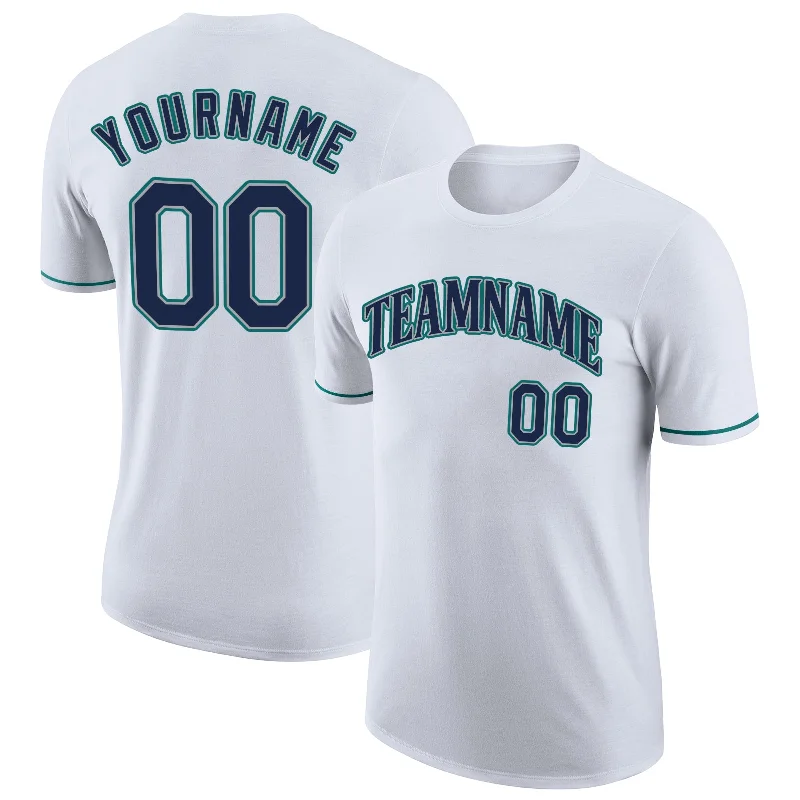 Sleek And Comfortable Unisex Wear Fashion-Forward Offers Custom White Navy-Aqua Performance T-Shirt Sleek And Comfortable Unisex Wear Fashion-Forward Offers Custom White Navy-Aqua Performance T-Shirt