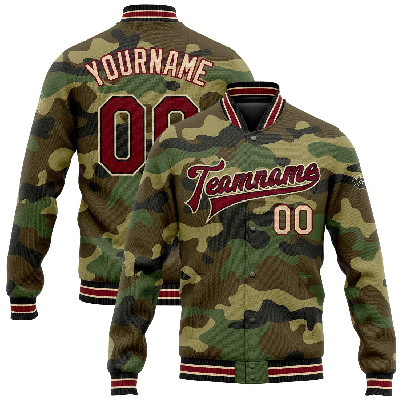 Effortless And Modern Unisex Dressing Best Sellers Custom Camo Crimson Black-City Cream Bomber Full-Snap Varsity Letterman Salute To Service Jacket