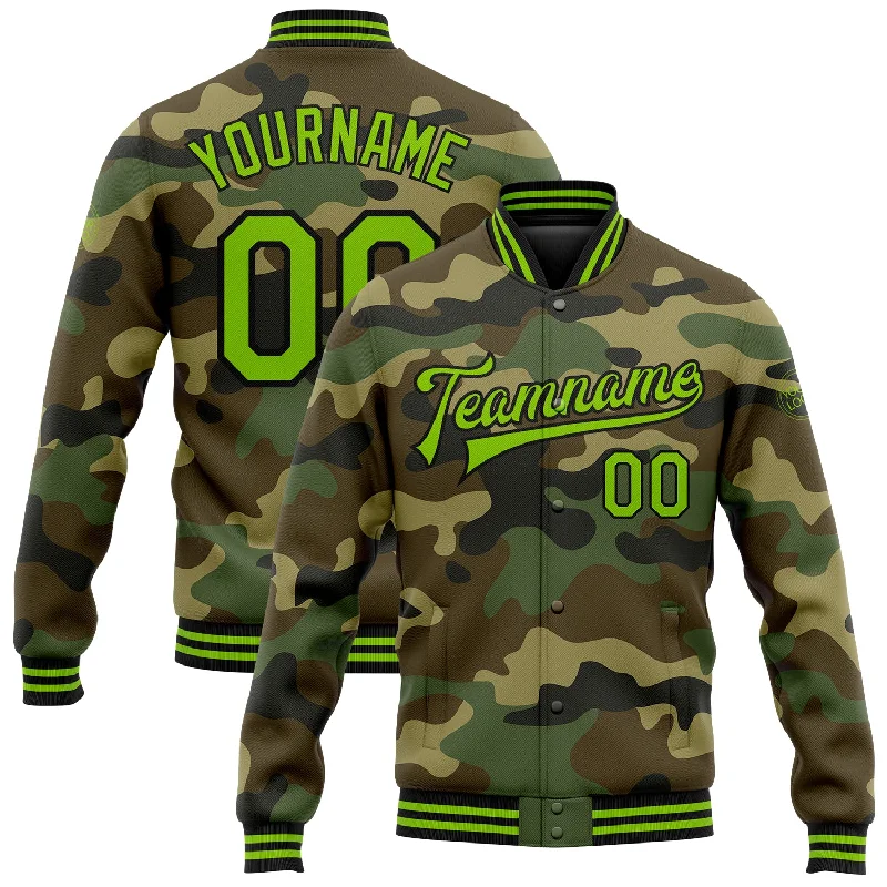 Contemporary Gender-Free Clothing Styles Additional Time-Limited Offers Custom Camo Neon Green-Black Bomber Full-Snap Varsity Letterman Salute To Service Jacket