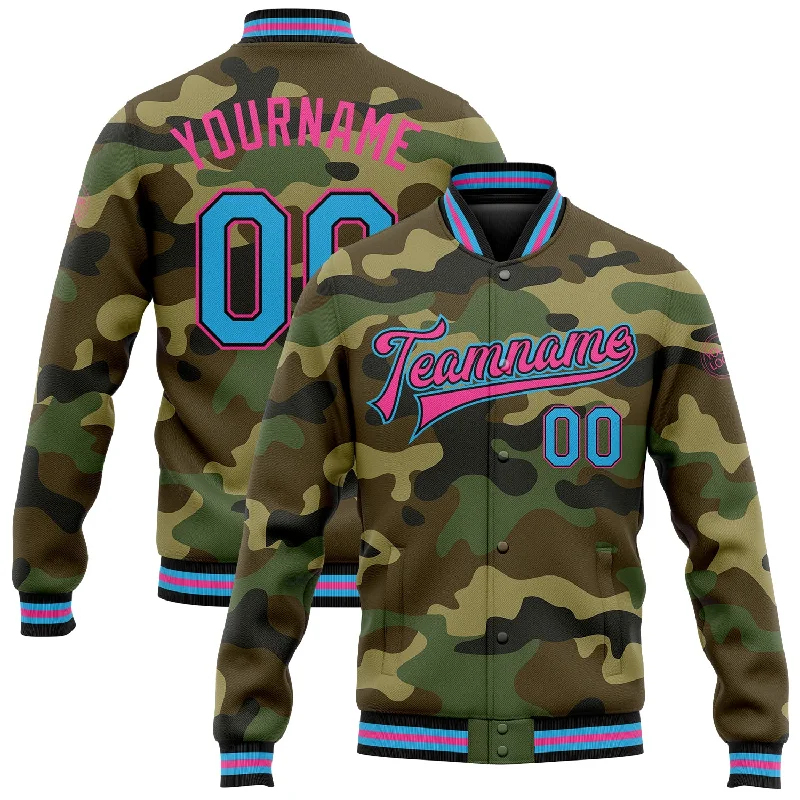 Classic Unisex Fashion Looks Explore What'S New Custom Camo Sky Blue Black-Pink Bomber Full-Snap Varsity Letterman Salute To Service Jacket