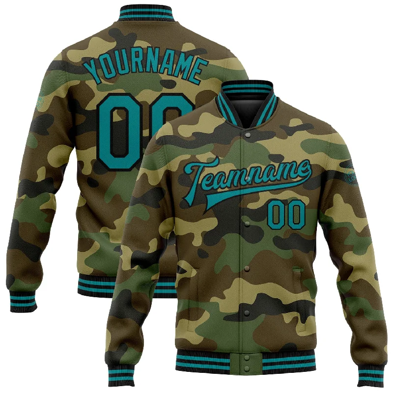 High-Quality Unisex Fashion Basics Clearance Sale, All Cheap Custom Camo Teal-Black Bomber Full-Snap Varsity Letterman Salute To Service Jacket