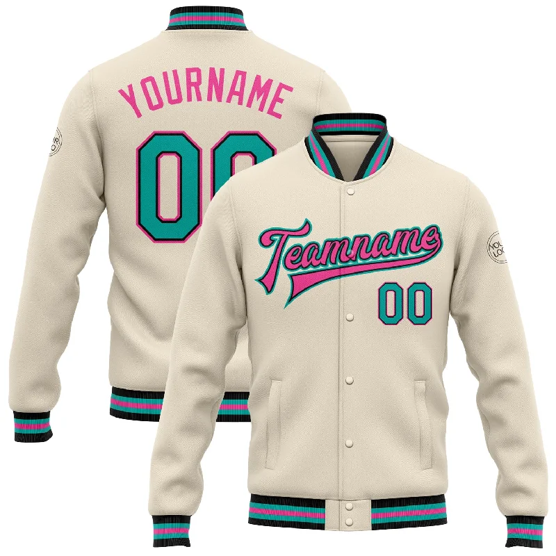Oversized Unisex Apparel For Effortless Style Style Without Limits Custom Cream Aqua Black-Pink Bomber Full-Snap Varsity Letterman Jacket