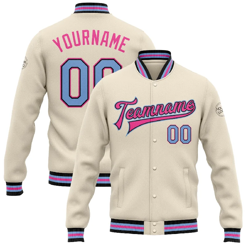 Minimalist Unisex Fashion Must-Haves Essentials On Sale Custom Cream Light Blue Black-Pink Bomber Full-Snap Varsity Letterman Jacket