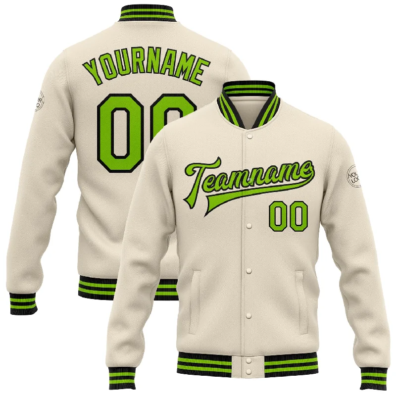 Chic And Contemporary Unisex Clothing Choices Fast Fashion Favorites Custom Cream Neon Green-Black Bomber Full-Snap Varsity Letterman Jacket