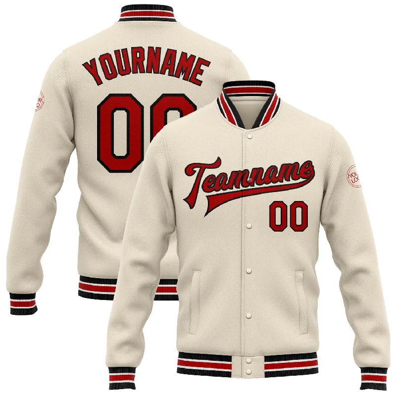 Stylish Unisex Outfit Ideas Hot Sale Custom Cream Red-Black Bomber Full-Snap Varsity Letterman Jacket