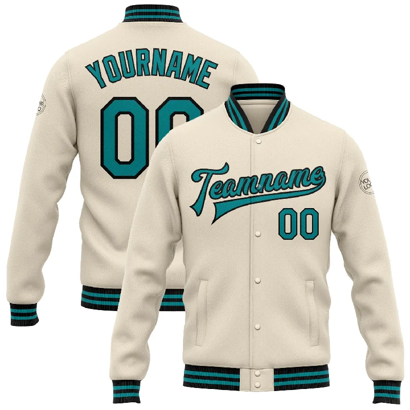 Relaxed-Fit Unisex Fashion For All-Day Comfort Final Sale Custom Cream Teal-Black Bomber Full-Snap Varsity Letterman Jacket