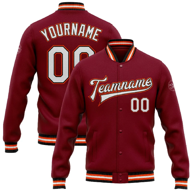 Classic Unisex Fashion Looks Sporty Fashion Offers Custom Crimson White Black-Orange Bomber Full-Snap Varsity Letterman Jacket