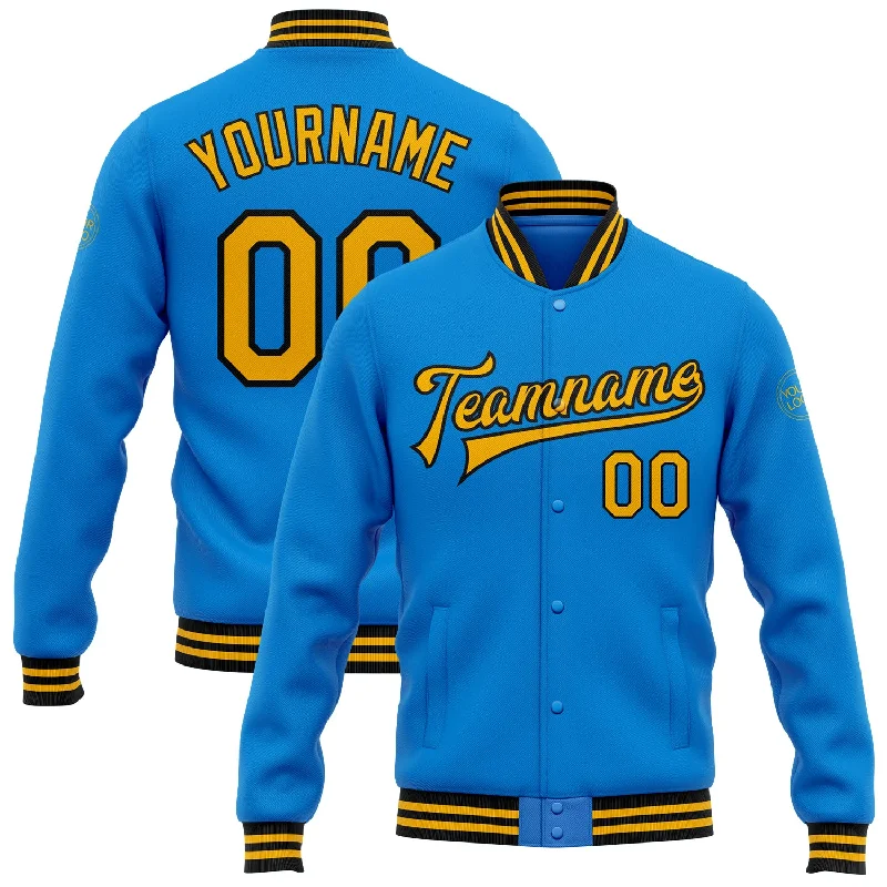 Chic And Casual Unisex Fashion Trends Limited Time Special Offer Custom Powder Blue Gold-Black Bomber Full-Snap Varsity Letterman Jacket