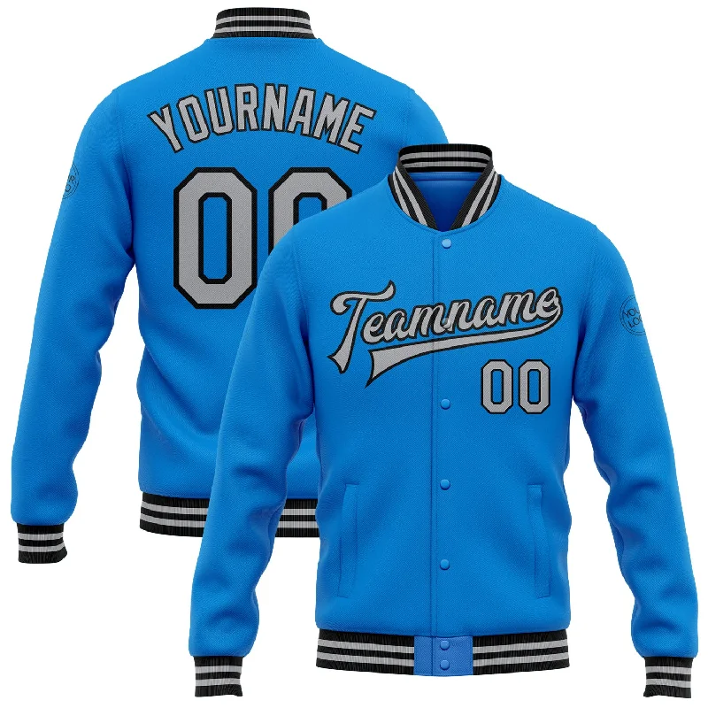 Comfortable Gender-Free Fashion Choices Discover Promotions Custom Powder Blue Gray-Black Bomber Full-Snap Varsity Letterman Jacket