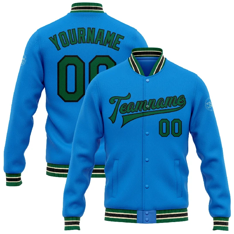 Versatile Clothing For All Genders Exclusive Discounts Custom Powder Blue Kelly Green Black-Cream Bomber Full-Snap Varsity Letterman Jacket