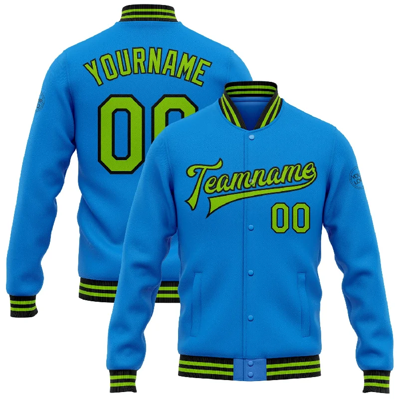 Elegant And Minimal Gender-Free Clothing Low Price Special Custom Powder Blue Neon Green-Black Bomber Full-Snap Varsity Letterman Jacket