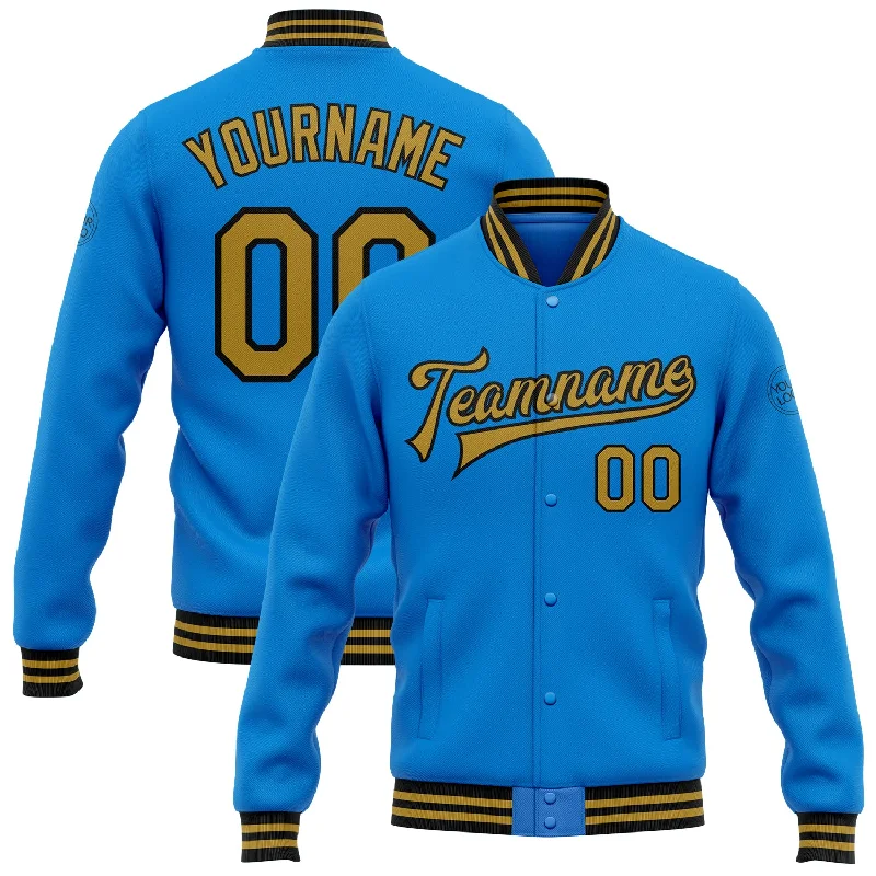 Fashion-Forward Gender-Neutral Outerwear Seize Bargains Custom Powder Blue Old Gold-Black Bomber Full-Snap Varsity Letterman Jacket