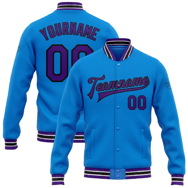 Casual And Trendy Unisex Fashion Staples Romantic Fashion Discounts Custom Powder Blue Purple-Black Bomber Full-Snap Varsity Letterman Jacket