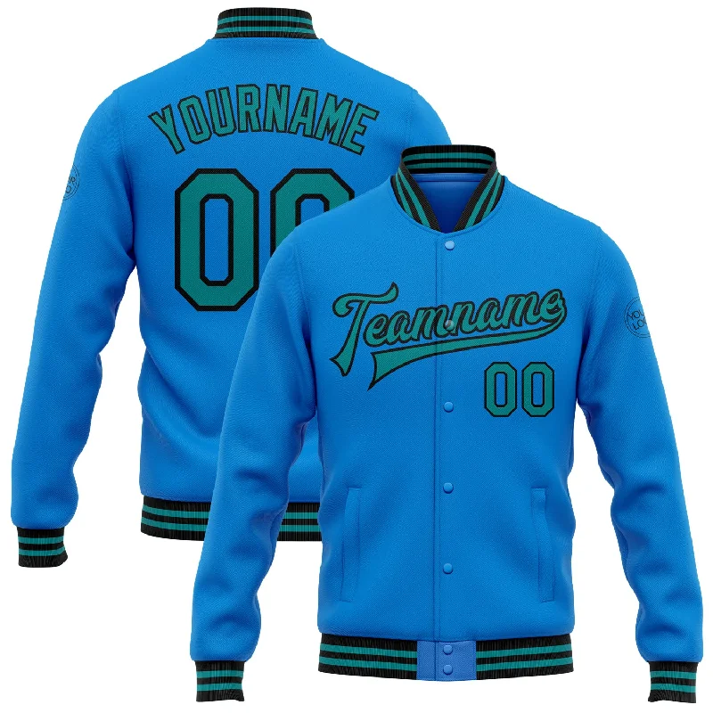 Gender-Neutral Trendy Clothing Styles Budget Friendly Custom Powder Blue Teal-Black Bomber Full-Snap Varsity Letterman Jacket