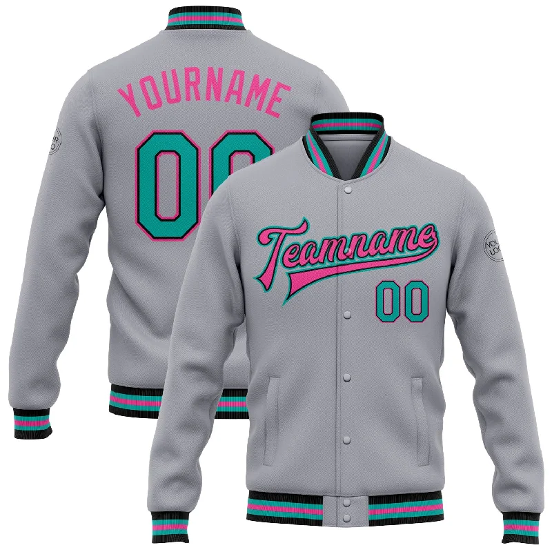 Modern Unisex Clothing For Any Occasion Affordable Luxury Fashion Custom Gray Aqua Black-Pink Bomber Full-Snap Varsity Letterman Jacket