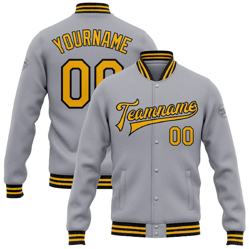 Comfortable Gender-Free Fashion Choices On-Trend Fashion Offers Custom Gray Gold-Black Bomber Full-Snap Varsity Letterman Jacket